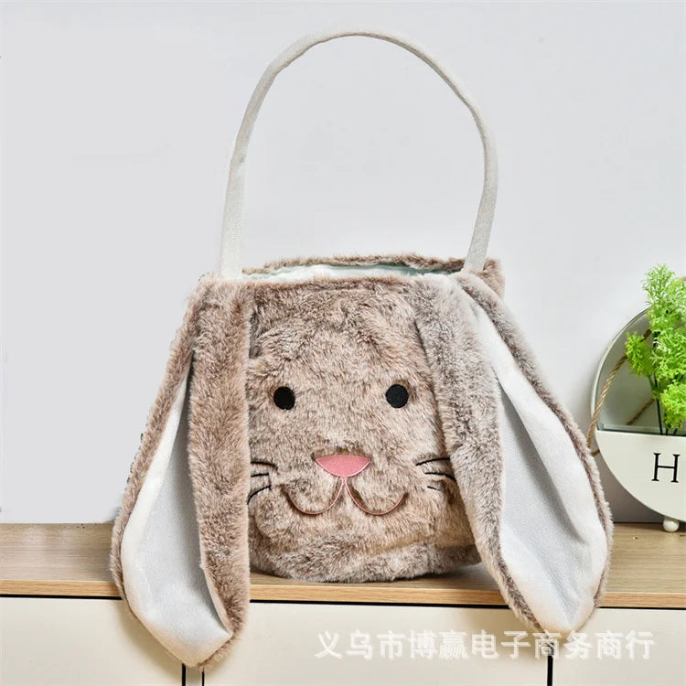 Kawaii Long Plush Easter Bunny Storage Bin Adorable Rabbit Ear Handbag for Toys Candy Holiday Decor Party Supplies Kids Gift Vue A2