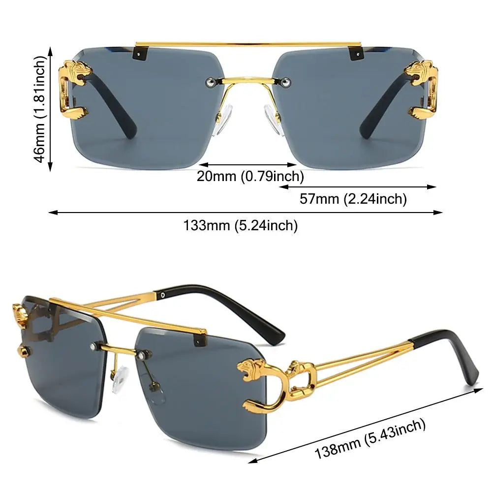 Retro Double Bridge Rimless Sunglasses Metal UV400 Cheetah Decor Sun