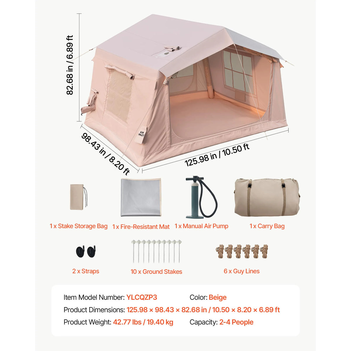 Inflatable Glamping Tent with Pump – Waterproof, Stove Jack & Skylight Inflatable Camping Tent Vue Beige B 3.2x2.5m United States