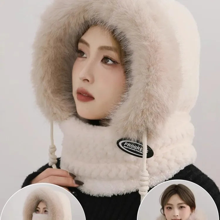 Warm Plush Winter Hat for Women Thick Hood Ear Protection Scarf and Mask Integrated Design Windproof for Riding Outdoor Travel Vue