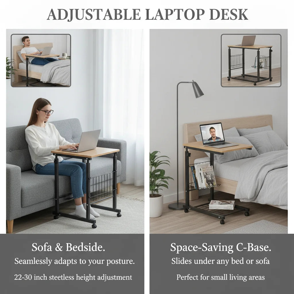 Adjustable C-Shaped Bedside Table with Wheels | 2-Tier Teak Adjustable Side Table Vue