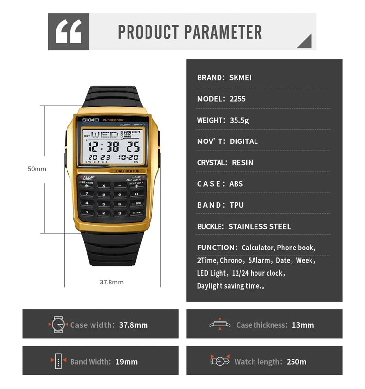 SKMEI 2255 Men's Digital Sports Watch – Dual Time & Calculator Digital Sports Watch Vue