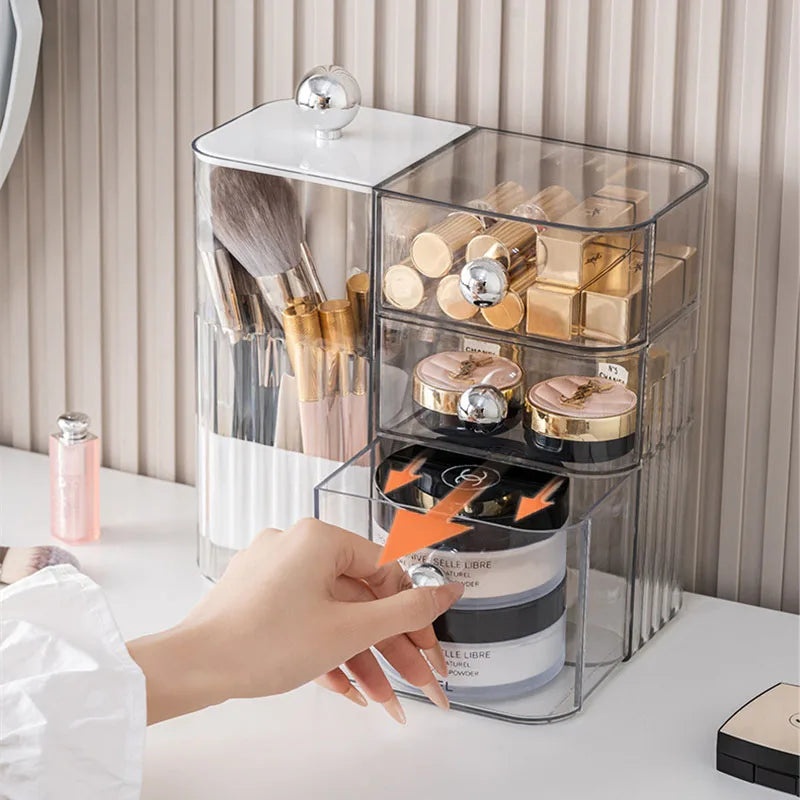 Automatic Lifting Makeup Brush Organizer with Multiple Compartments for Brush Large Capacity Lift-Top Drawer Cosmetic Organizer Vue