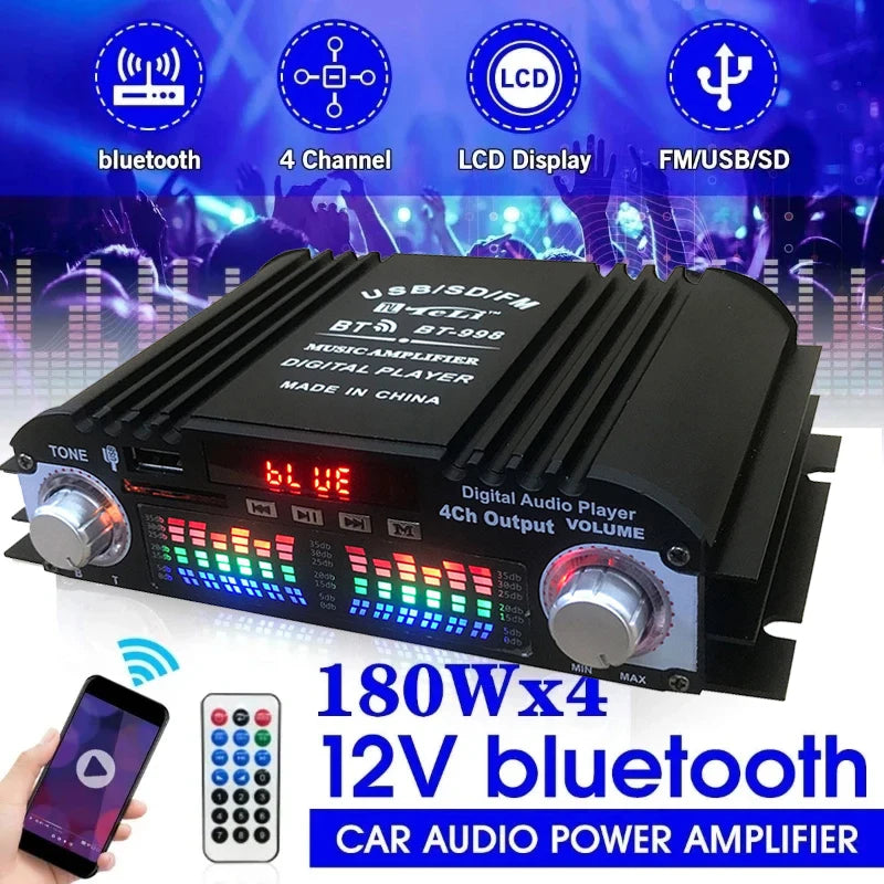 BT-998 Hifi Audio Home Digital Amplifiers Car Audio Bass Power Bluetooth Amplifier FM USB SD Radio for Subwoofer Speakers DC12V Vue