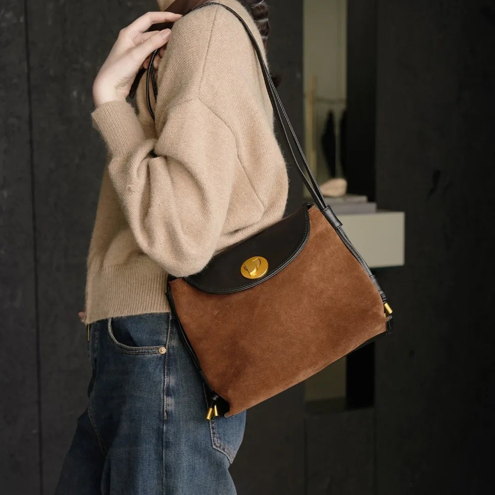 Genuine Leather Women's Crossbody Shoulder Bag Vegetable-Tanned Leather Spliced with Suede Fashion Versatile Handbag for Ladies Vue Default Title