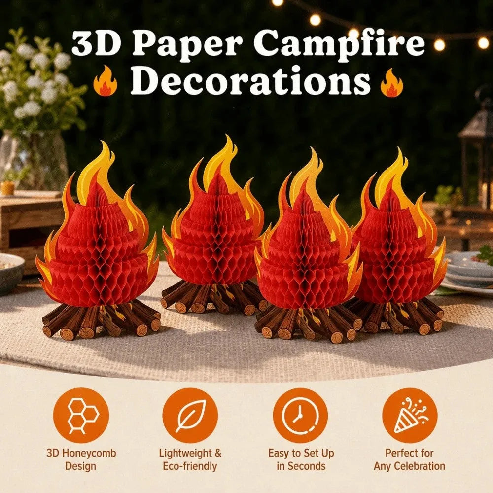 4Pcs Foldable 3D Paper Campfire Decoration 3D Honeycomb Paperboard Folding Campfire Centerpiece Handmade Artificial Flame Vue