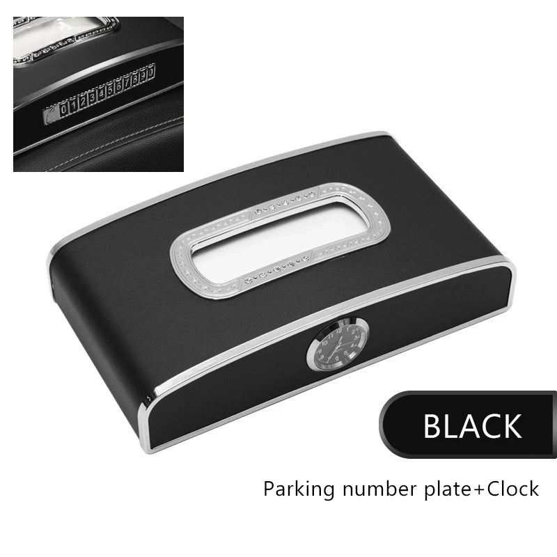 Luxury Solid Color Leather Wear-Resistant Tissue Box Car Seat Back Sunshade Hanging Tissue-Bag Buckle Strap Easy Installation ﻿ Vue black-F