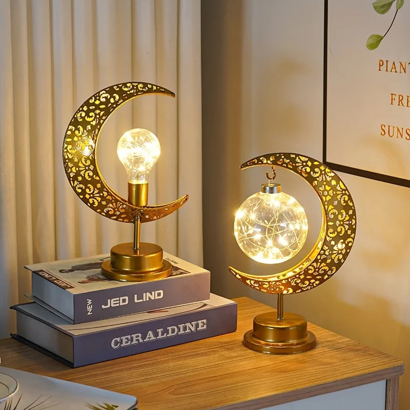 Muslim Festival LED Star Moon Lamp - Ramadan Hollow Iron Design, Battery Operated (Battery Not Included) for Table Desk Outdoor Vue