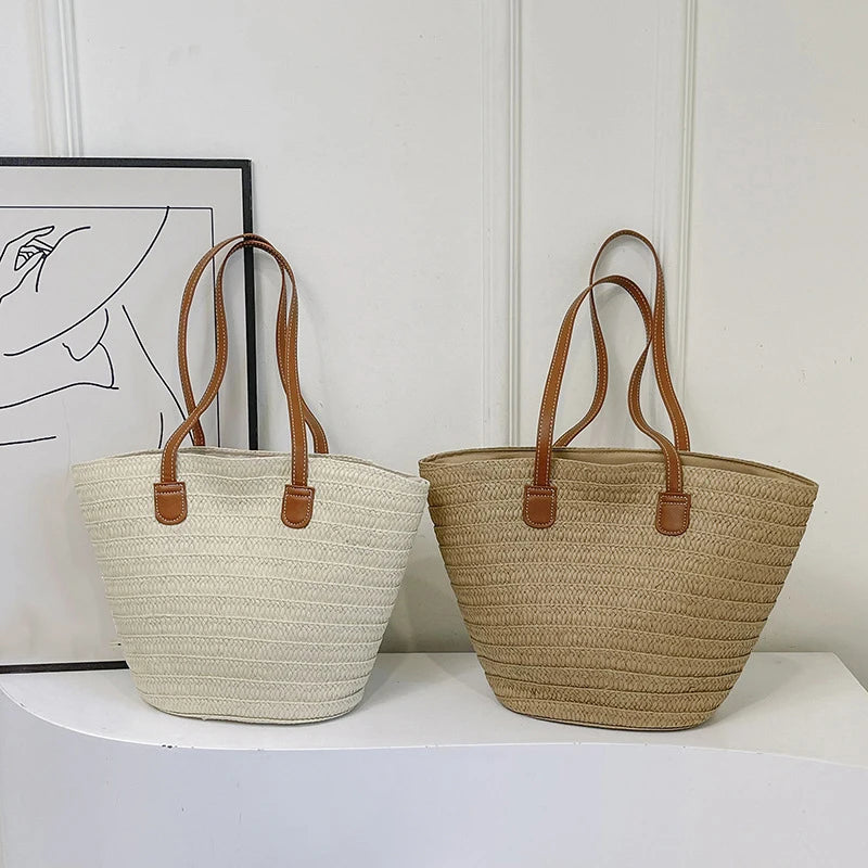 Women Braided Basket Clutches Top-handle Bag Large Straw Portable
