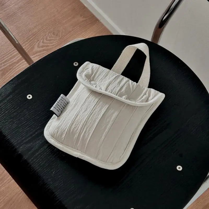 Minimalist Quilted Nylon Mini Bag Portable Small Handbag With Handle Snap Button Closure Casual Pouch For Daily Commute Travel Vue White