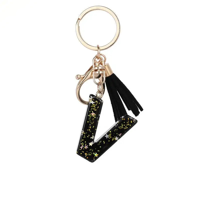 Black Glitter Star Sequins Resin 26 Letters Keychain Initials A-Z Keyring Tassel Charm Accessories Backpack Hanging Decoration Vue V