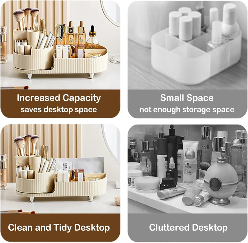 360° Rotating Makeup Organizer for Vanity with Brush Holder, Cosmetic Makeup Storage Organizer, Large Spinning Makeup Organizer Vue