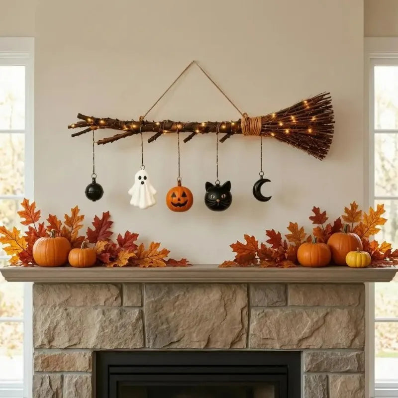 LED Halloween Front Door Decor, Rustic Witch Broom Sign with Pumpkin Ghost Cat Porch Wall Decoration Vue