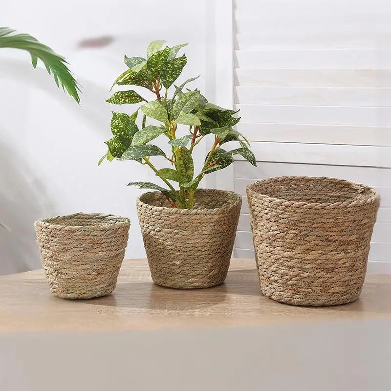 Straw Woven Flower Pots with Handles Garden Patio Planter Basket Eco Friendly for Indoor Outdoor Vue