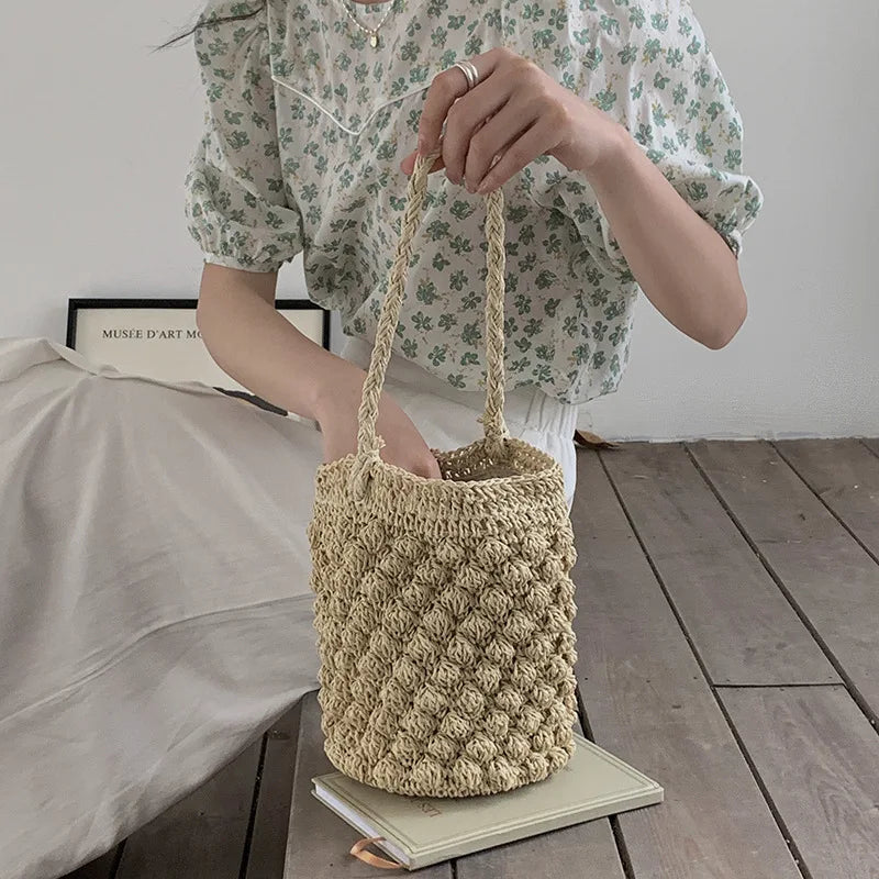 Summer Handmade Crossbody Bag Women Beach Weaving Drawstring Straw