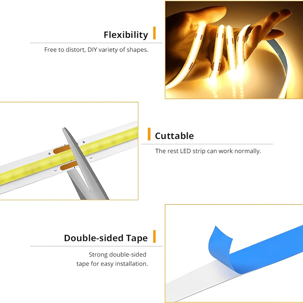 LED COB Light Strip Touch Dimmer Flexible Diode Tape 5V USB Linear Indoor Lighting Lamp Room DIY TV Mirror Backlight Wall Decor Vue