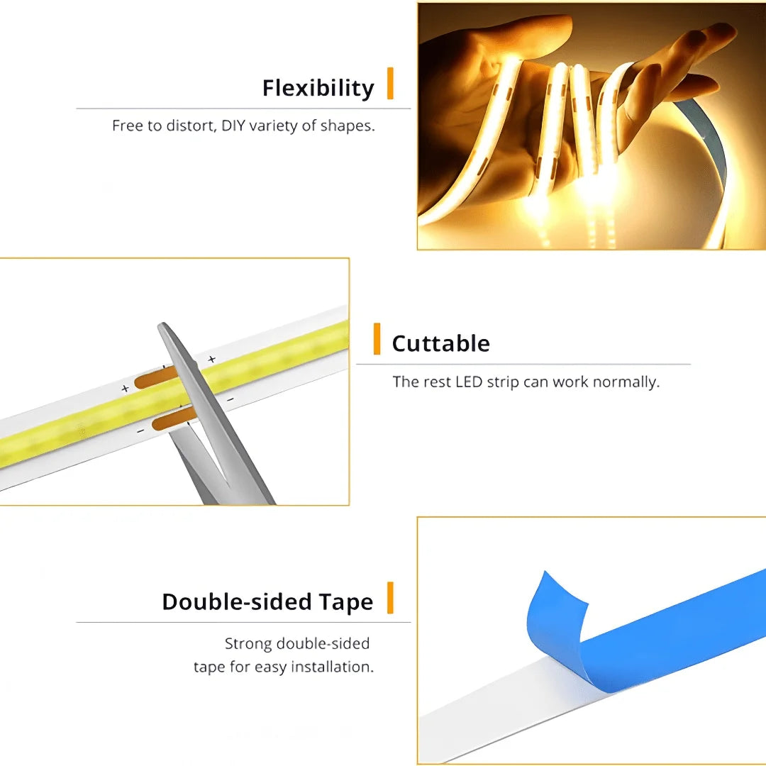 LED COB Light Strip Touch Dimmer Flexible Diode Tape 5V USB Linear Indoor Lighting Lamp Room DIY TV Mirror Backlight Wall Decor Vue