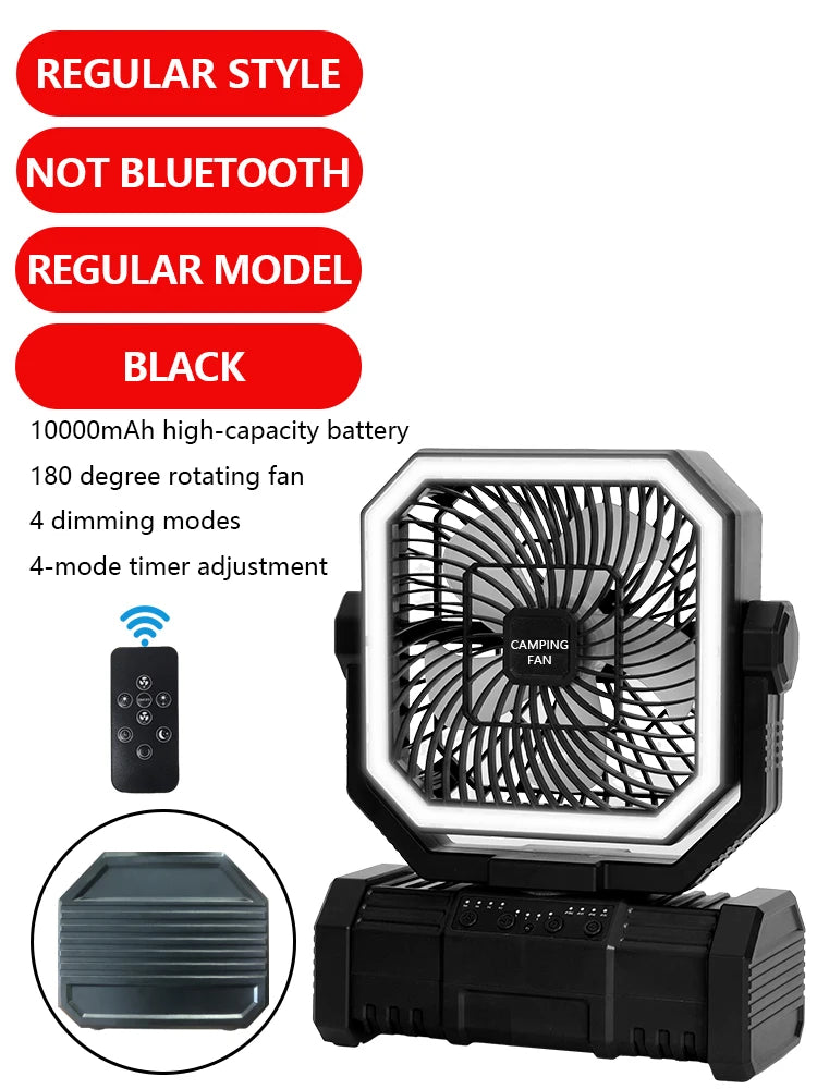 4-in-1 Multifunctional Fan with LED Light USB Outdoor Power Bank And Bluetooth Speaker—Ideal For Outdoor Camping And A Desk Fan Vue black