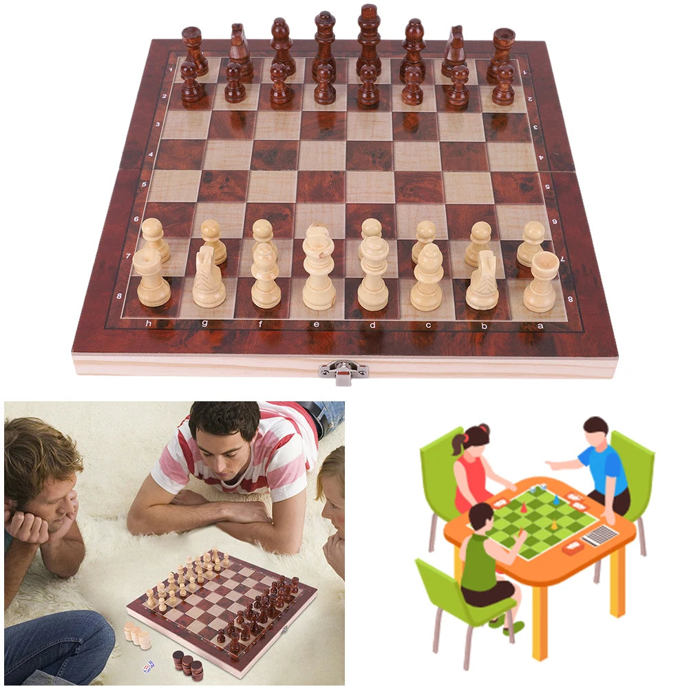 29x29cm 3 in 1 Chess Chekers Backgammon Developing Strategic Thinking Chess Wooden Set Best Gifts Wood Board Game for Boys Girls Vue