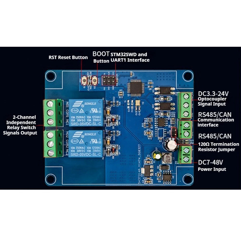 DC7-48V RS485 CAN Dual Channel Relay Module 2IN 2OUT NO NC Serial Port Control Support Modbus RTU Optocoupler Input DC3.3-24V Vue