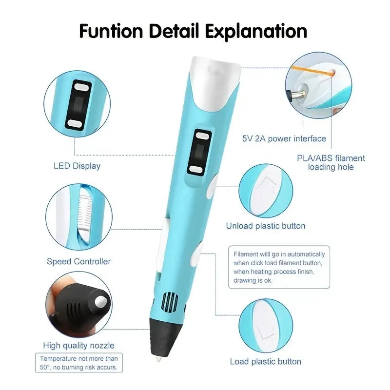 3D Printing Pen Kids Adjustable Speed LED Display DIY Drawing Pens 3D PLA Filament for Boys and Girls Birthday Gifts Vue
