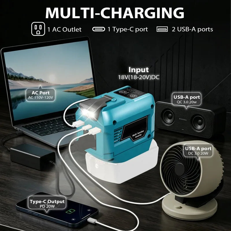 250W Portable Power Inverter Adapter for Makita/Milwaukee 18V Li-ion Batteries with 2 USB Type-C Fast-charging Ports for Camping Vue