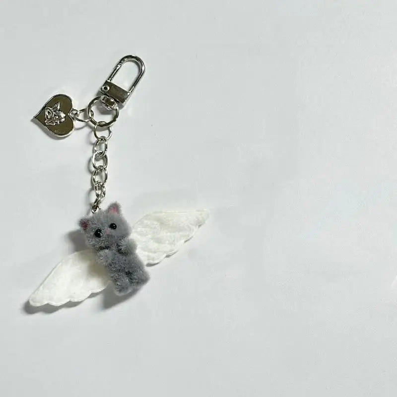 Cute Flocked Angel Wings Cat Keychain Kawaii Heart Phone Chain Anti-Lost Lanyard Bag Decor Gift Vue A5