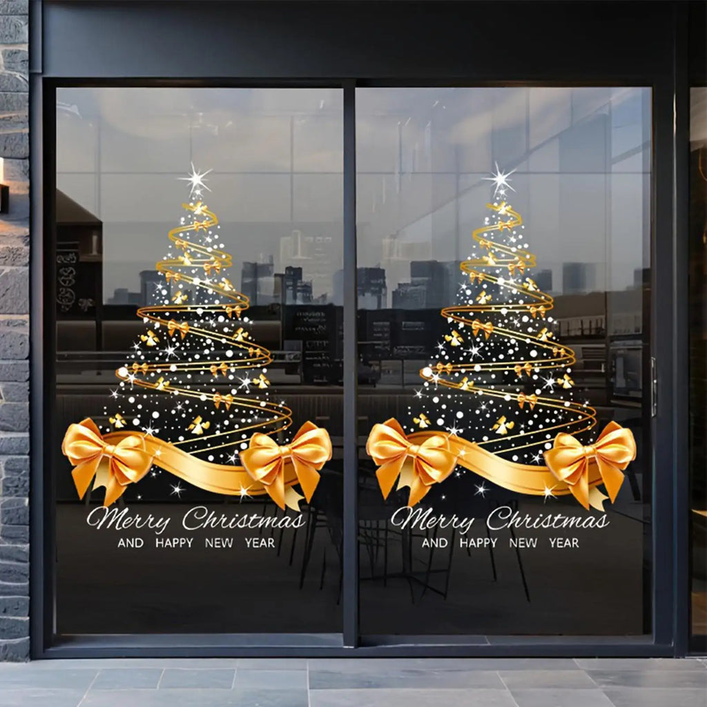 65x45cm Gold Christmas Tree Window Decals - Double-Sided Self-Adhesive Wall Mural Stickers for Holiday Home Office Decor Vue