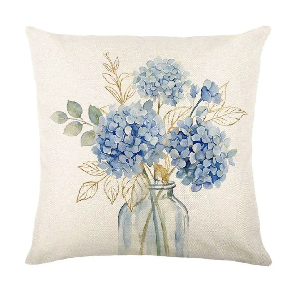 Skin-Friendly Hydrangea Cushion Cover Flower Printed Linen Throw Pillow Cover Soft with Zipper Floral Pillow Cover Home Decor Vue Style C