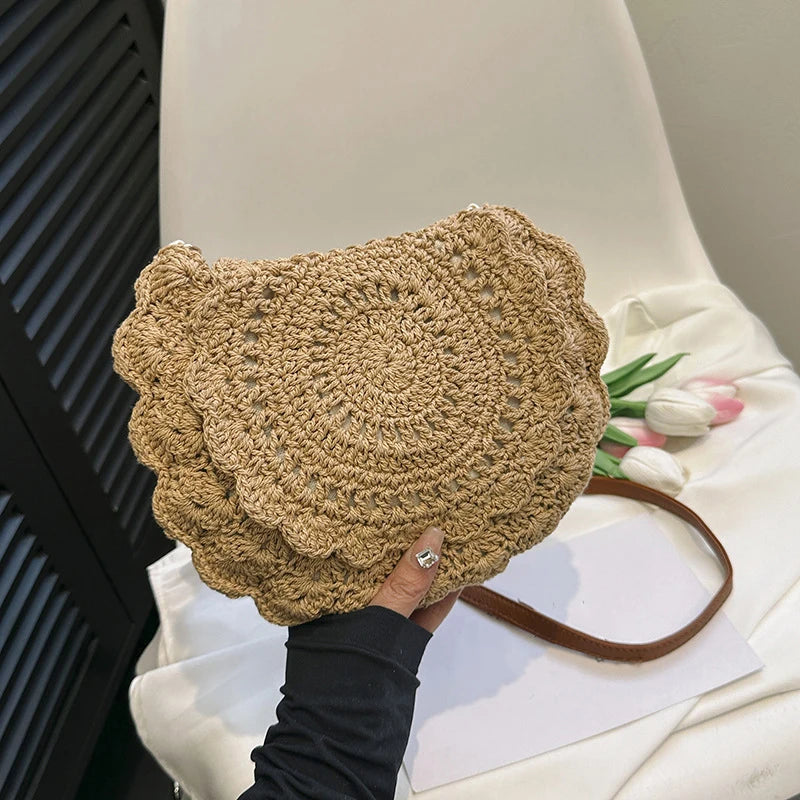 Vintage Woven Handbag Vacation Round Summer Beach Bag Fashion Vue khaki