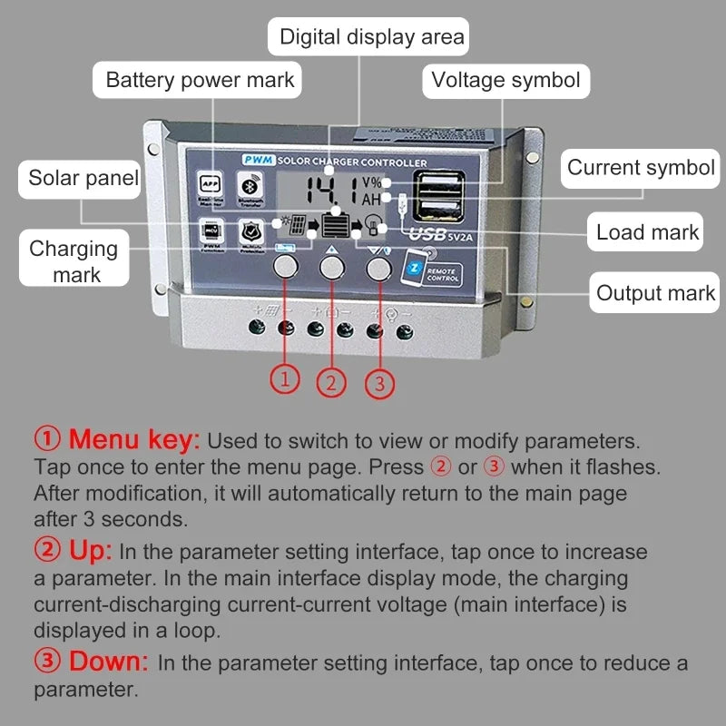 PWM Solar Charge Controller Bluetooth WiFi 12V 24V LCD 60A Solar Charge Controller Vue