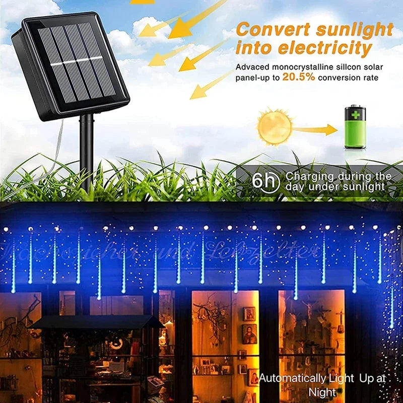 Solar Meteor Shower Rain String Lights Waterproof Garden Light 8 Tubes Christmas Tree Holiday Party Wedding Holiday Decoration Vue