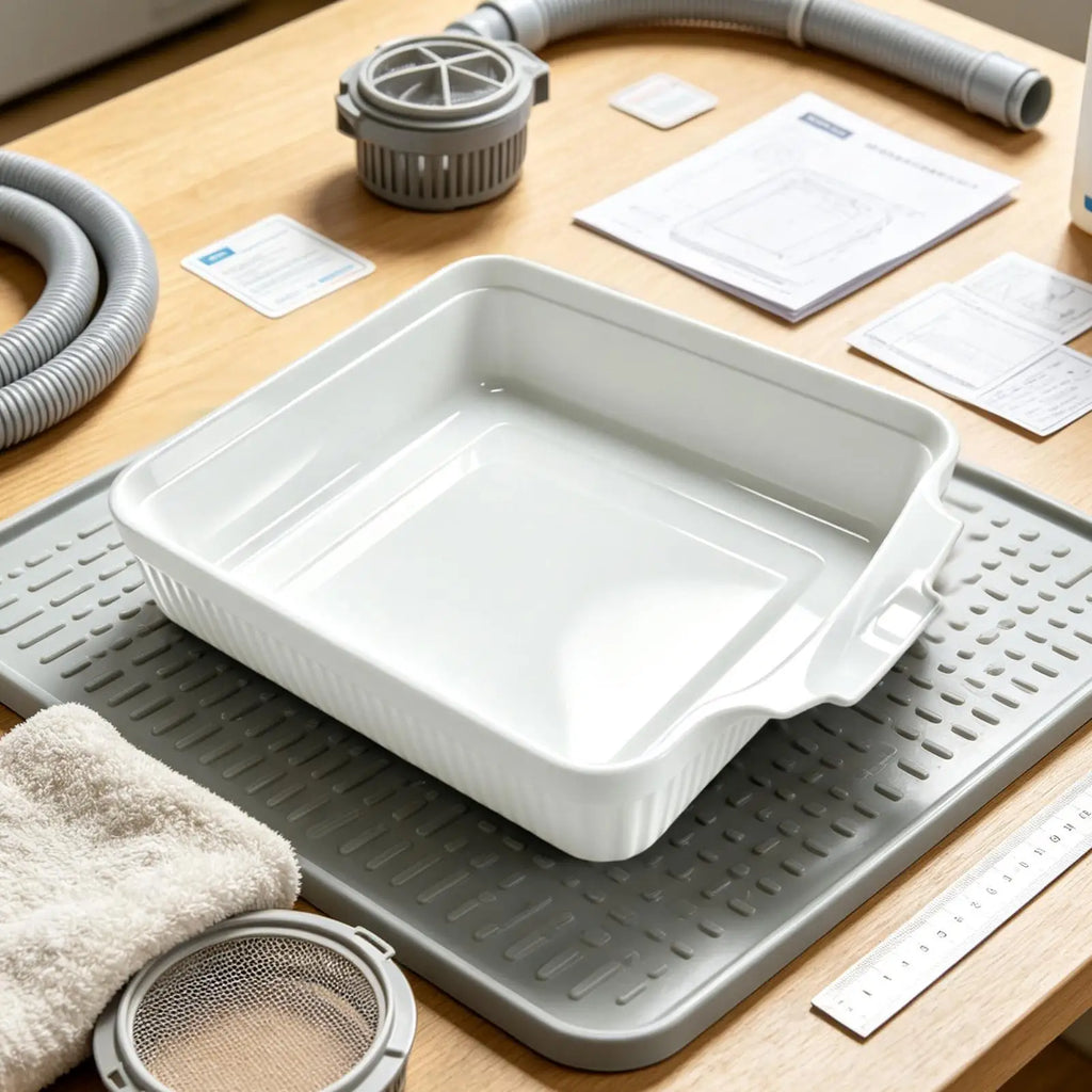 Universal Home Washing Machine Drain Tray, Leak-Proof Water Catch Pan with Hose Adapter, Front-Load Drip Tray & Floor Protector Vue