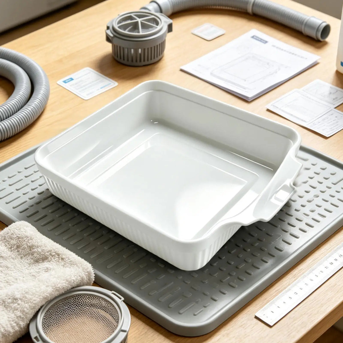 Universal Home Washing Machine Drain Tray, Leak-Proof Water Catch Pan with Hose Adapter, Front-Load Drip Tray & Floor Protector Vue