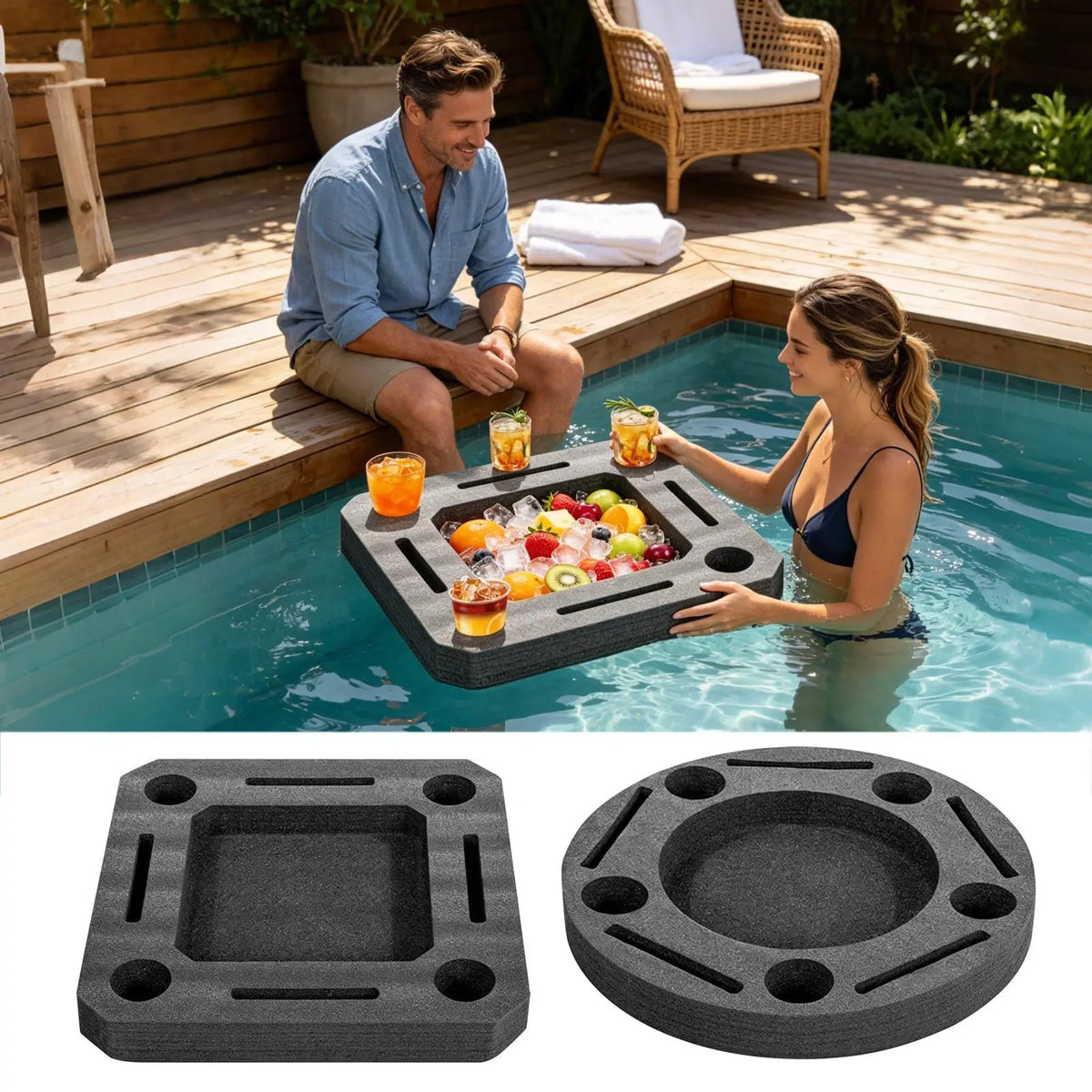round/square Floating Drink Holder for Pool, Large Capacity Serving Tray with Cup Holders, Stable Water Float for Hot Tub Lake Vue