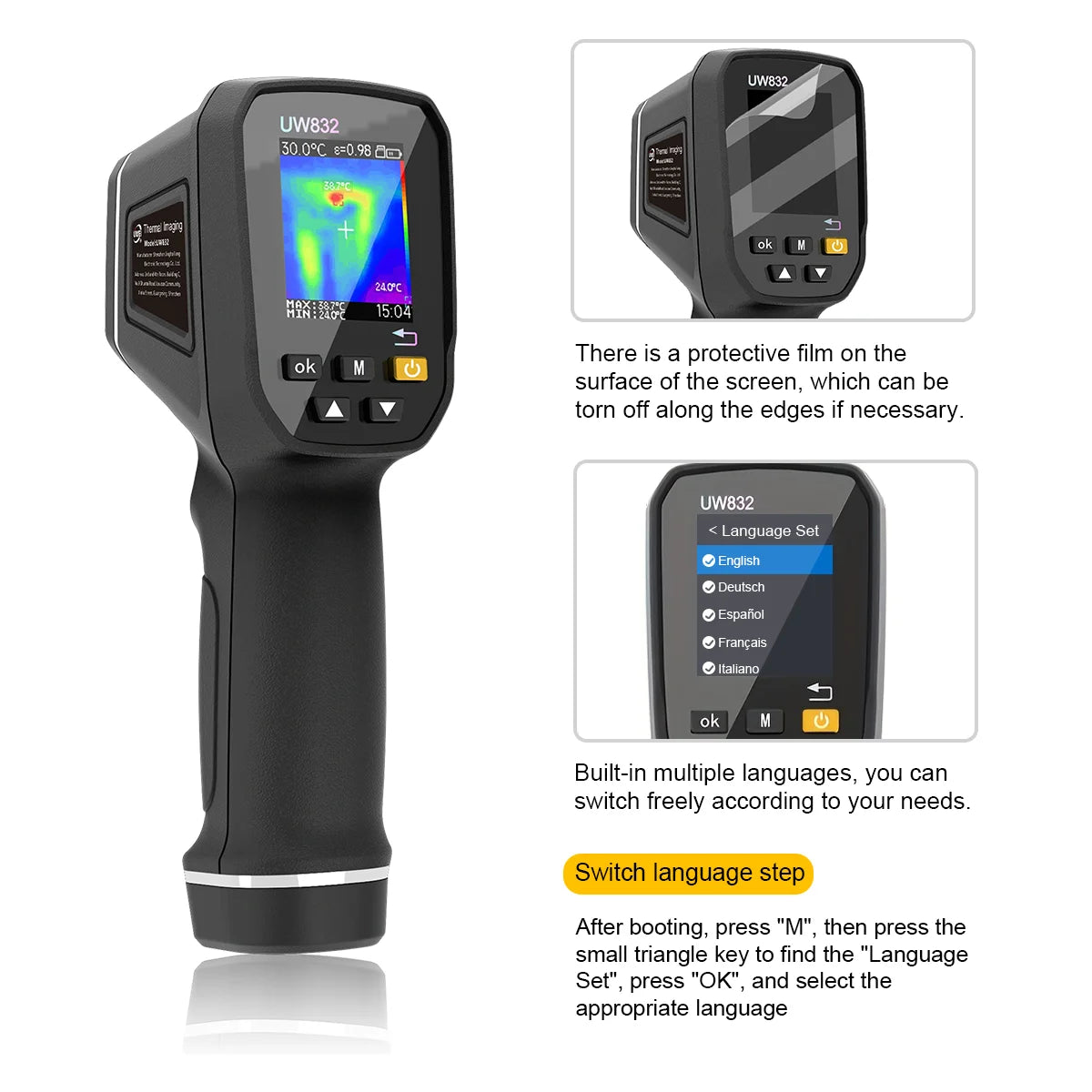 UWEI Infrared Thermal Imager Handheld Thermal Imaging Camera USB Rechargeable 8GB Card Color Display 0.01-1 Emissivity Carry Box Vue