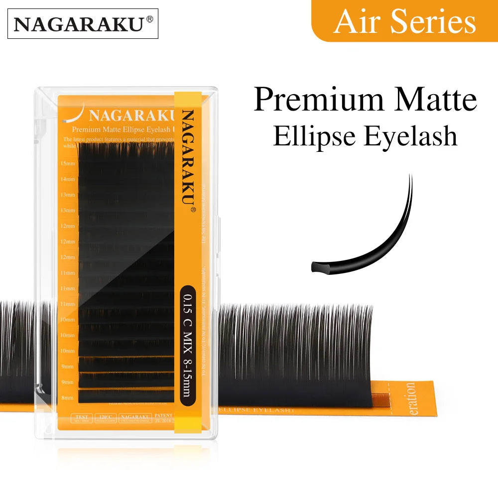 NAGARAKU New Air Series Premium Matte Ellipse Eyelashes High Density Split Tips Natural Light Eyelashes Matte Black Vue C 0.20mm Mix8-15mm
