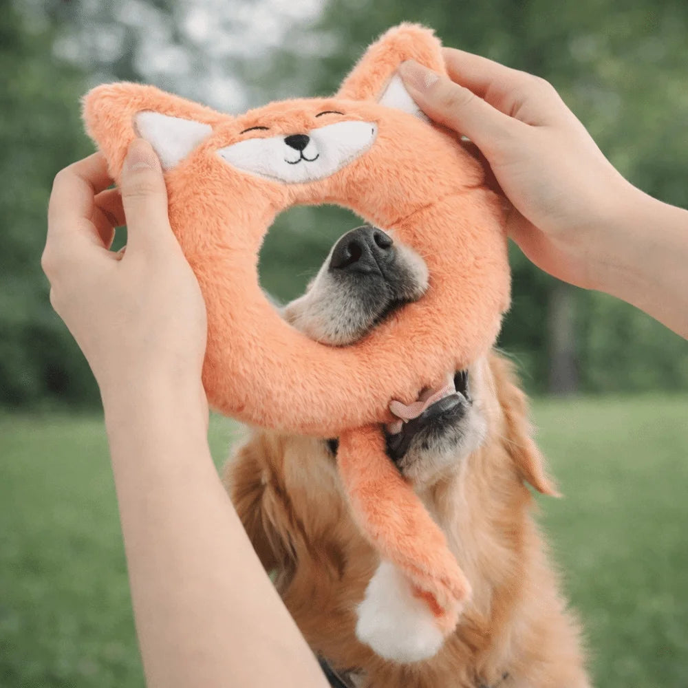 Bite Resistant Dog Squeaking Toy Animals Pattern Cartoon Plush Dog Toys Doughnut Shaped Crinkle Puppy Toys Stress Relieving Vue