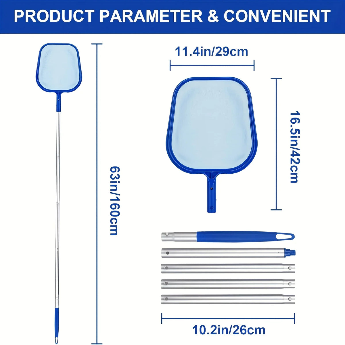 Adjustable 5-Section 48 Aluminum Pool Skimming Net Fine Mesh Leaf Vue