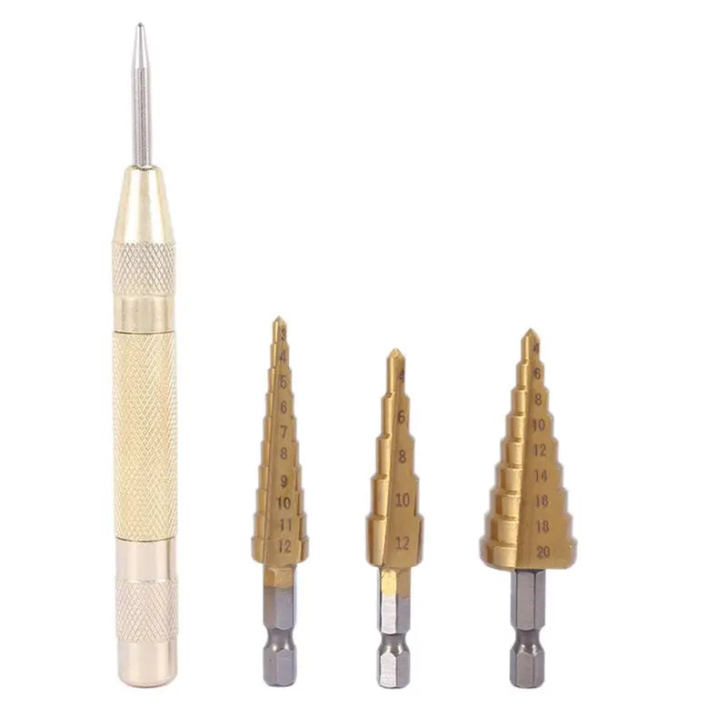ABKW-15 Pcs HSS Titanium Step Drill Bit Set & 5 Pcs Automatic Center Punch Vue gold