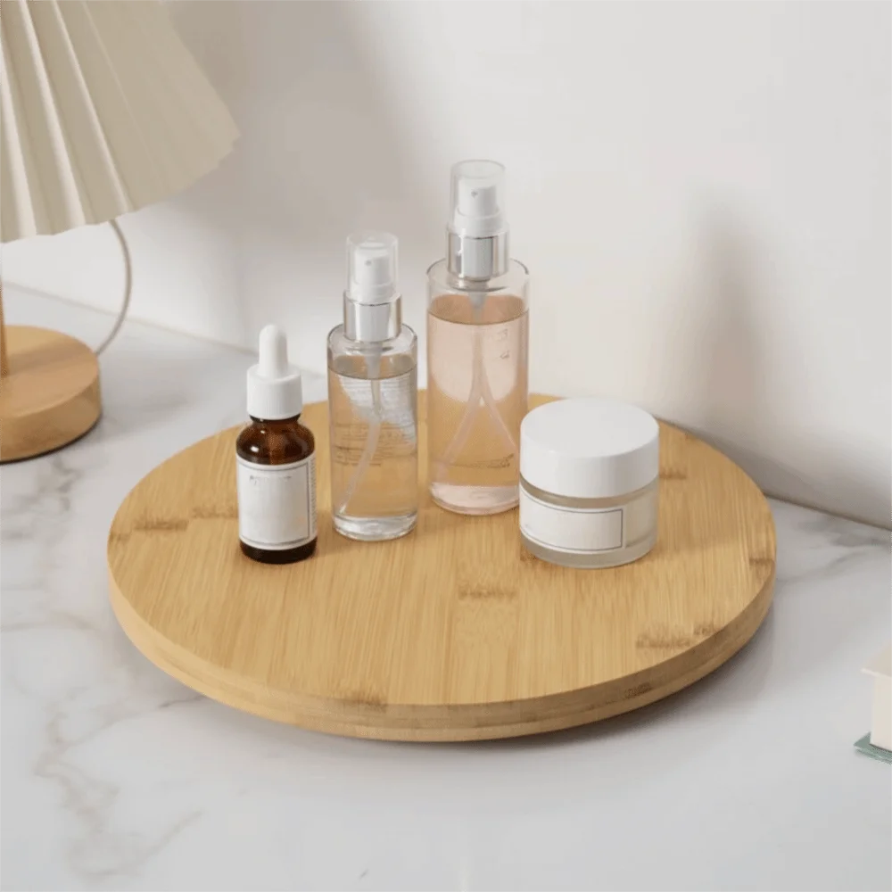 Round Wooden Kitchen Rotating Spice Rack with Metal Frame Non-Slip Base 360-degree Rotation Spice Tray Large Capacity Vue