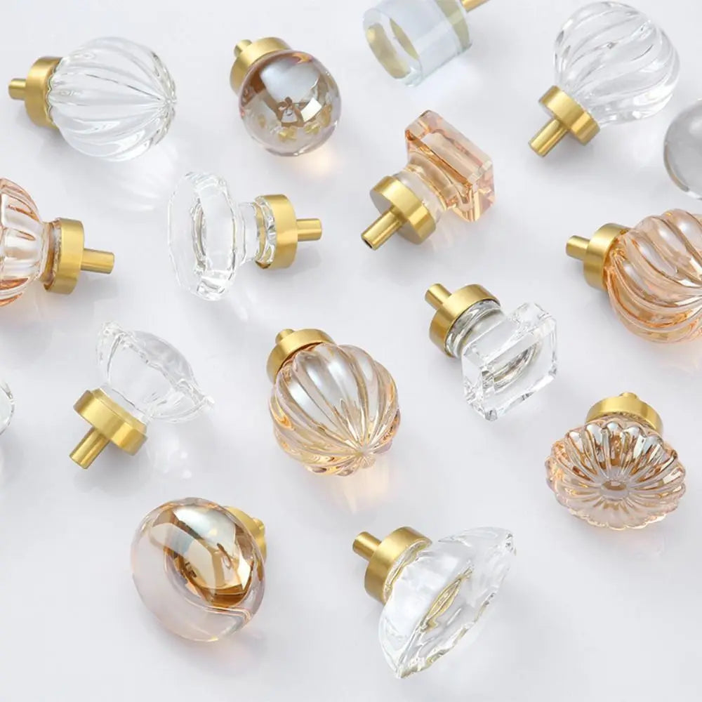 Crystal Glass Furniture Handle Champagne / Transparent Gold Base Kitchen Cabinet Knobs Luxury Single Hole Wardrobe Handles Vue