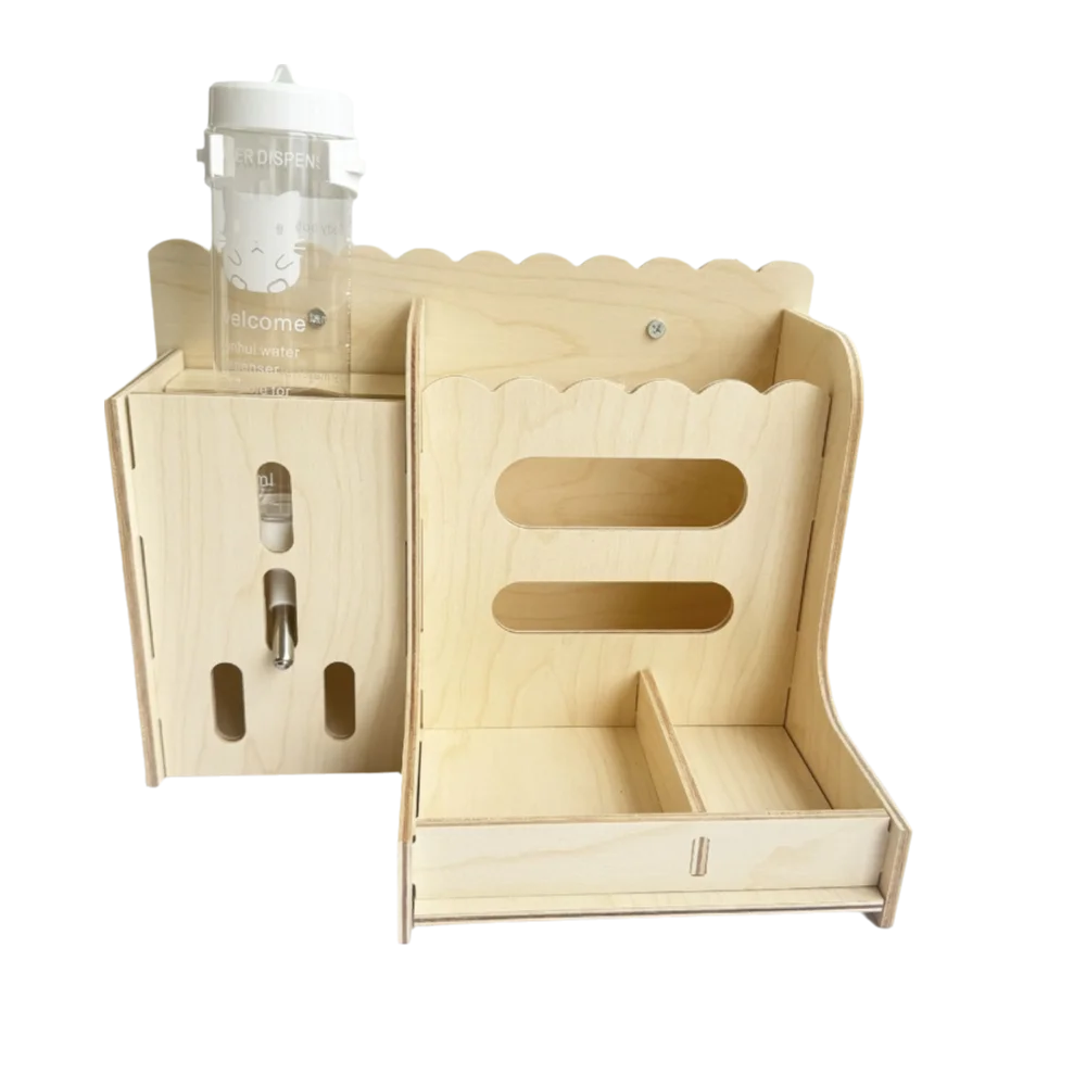 2 in 1 Rabbit Hay Feeder Detachable with Bottle Wooden Grass Dispenser Bite Resistant Guinea Pig Feeder Cage Accessories Vue Beige