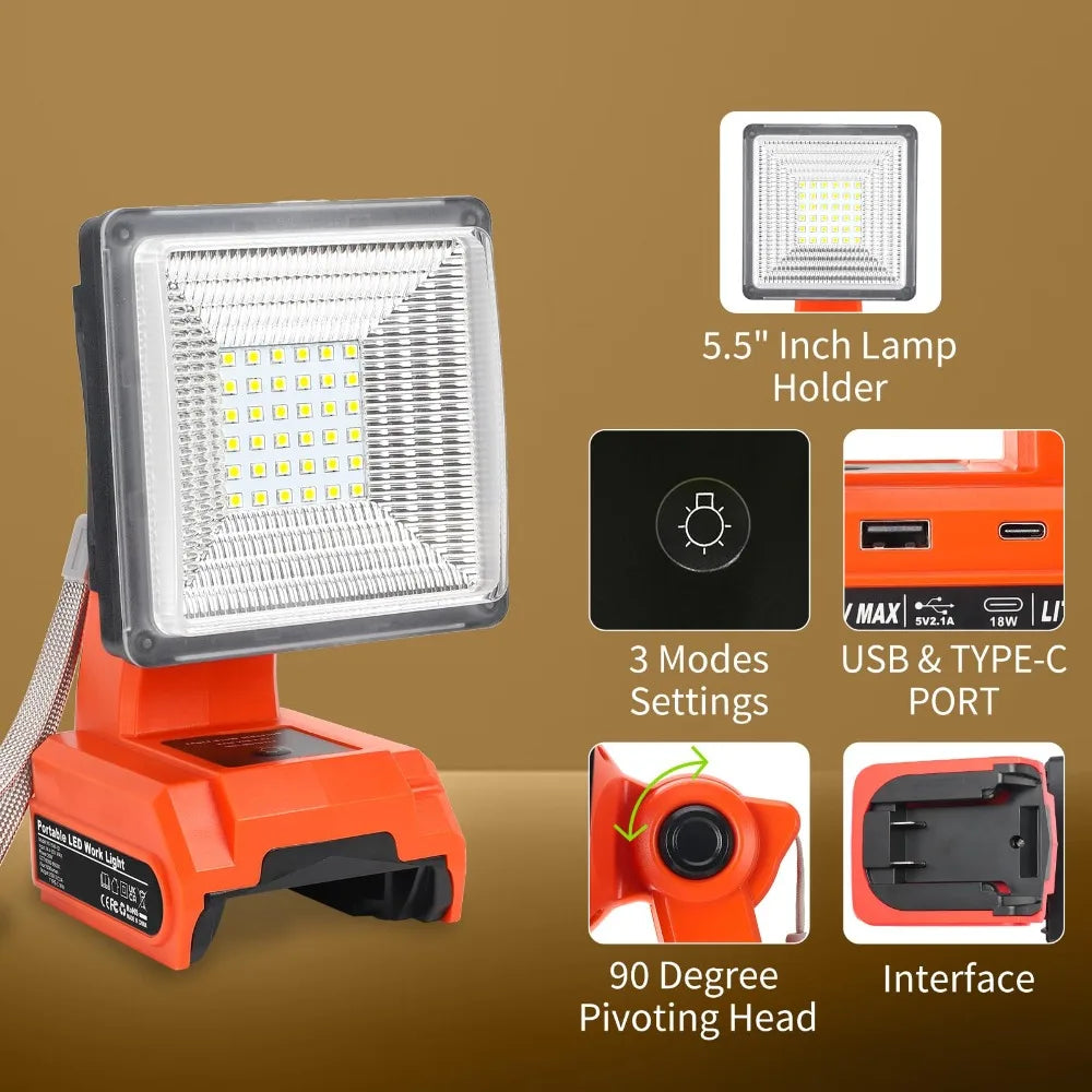 Portable LED Work Light Rechargeable Camping Light for Black&Decker 20V Batteries with Quick Charge Port for Indoor Outdoor Use Vue