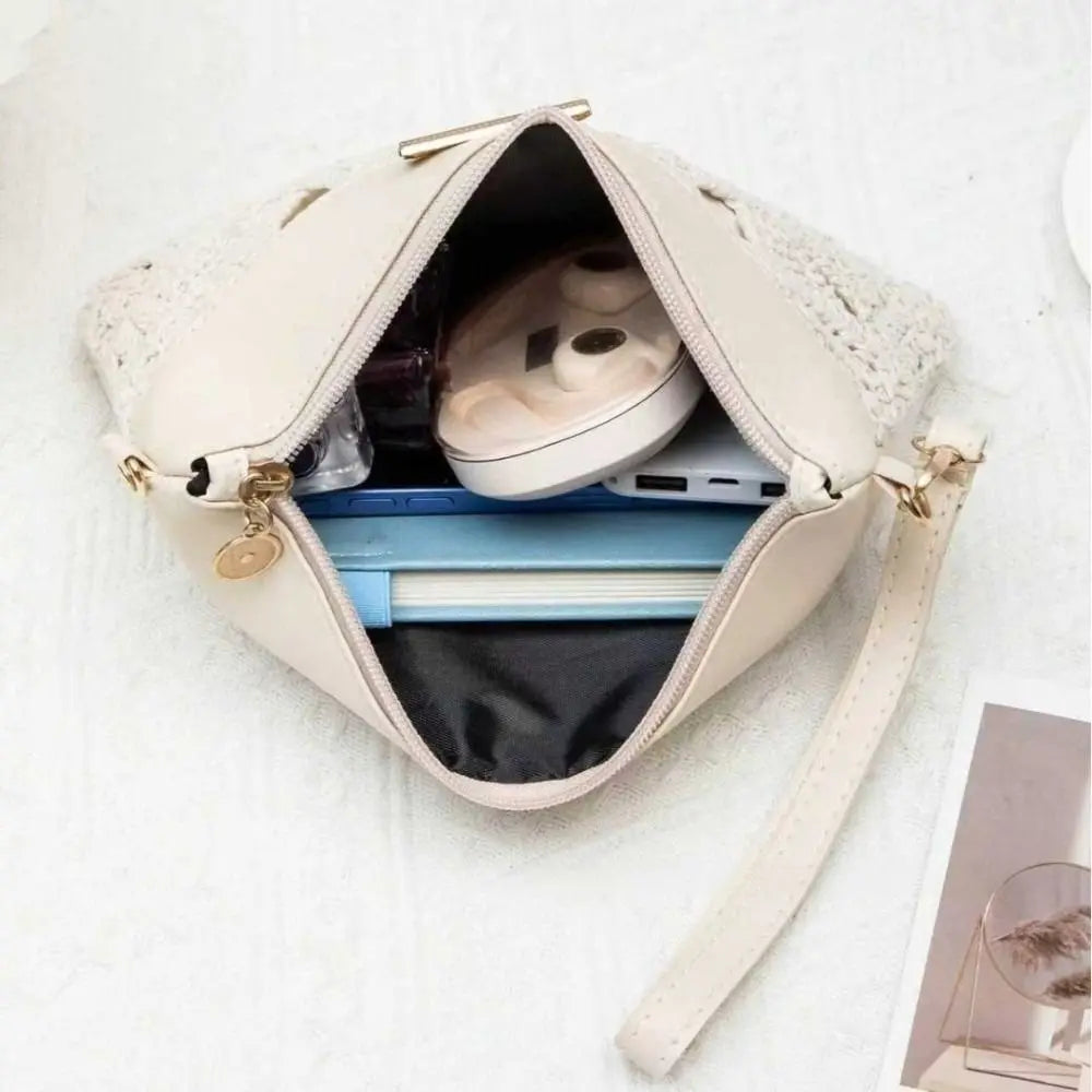 Bohemian Hollow Woven Bag Lace Decor PU Leather Summer Beach Zipper Vue