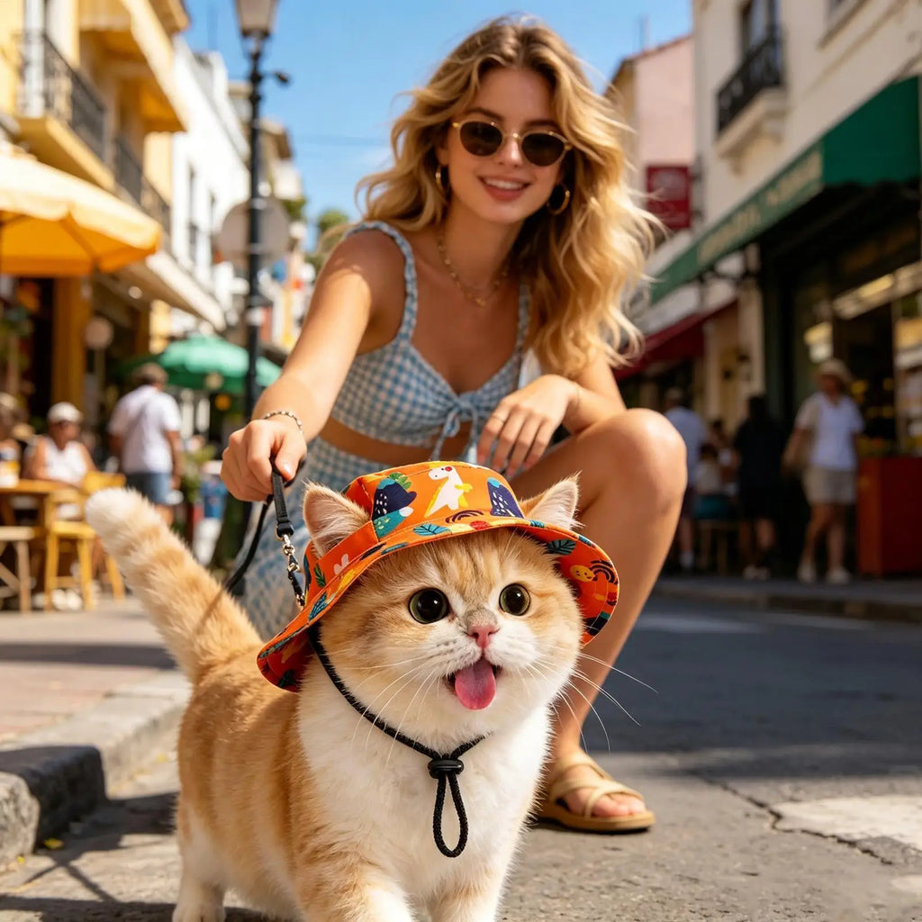 Wide Brim Dog Sun Hat With Ear Holes, UV Protection Bucket Hat For Cat, Pet Summer Caps For Small To Large Puppy Kitten Beach Vue