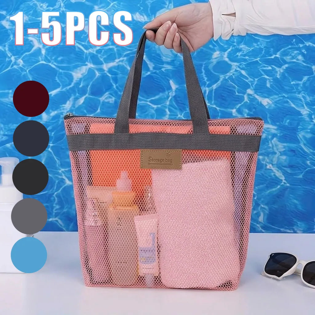 1-5PCS Mesh Beach Bag with Zipper for Swimming Pool Travel Portable Storage Pouch for Wet Swimwear Towel Toiletries Sandals Vue