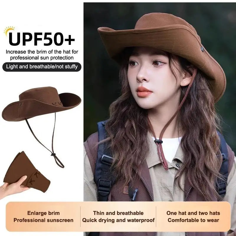 Breathable Western Cowboy Hat Solid Color Adjustable Wide Brim Sun Hat Outdoor Mountaineering Fisherman Sunshade Cap Travel 1PC Vue
