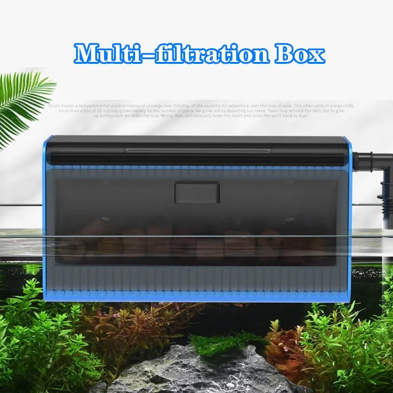 Aquarium Hang On Filter Circulation System Filter Box Top Drip Box Fish Tank Submersible Pump Top Filtration Cartridge Internal Vue