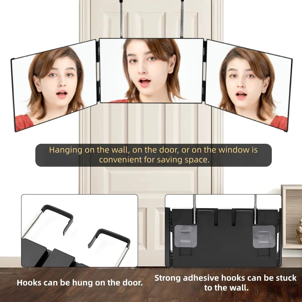 Travel Portable 360° Trifold Vanity Makeup Mirror with Height Adjustable Telescoping Hook for Hair Self Cutting Shaving Gifts Vue